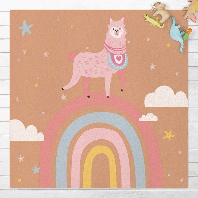 Kork-Teppich - Lama auf Regenbogen mit Sternen und Pünktchen - Quadrat 1:1