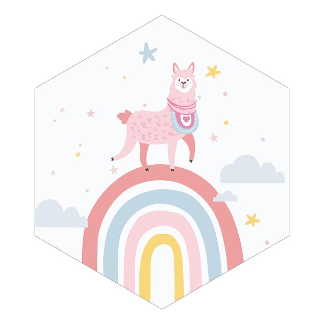 Design Tapete Lama auf Regenbogen mit Sternen und Pünktchen