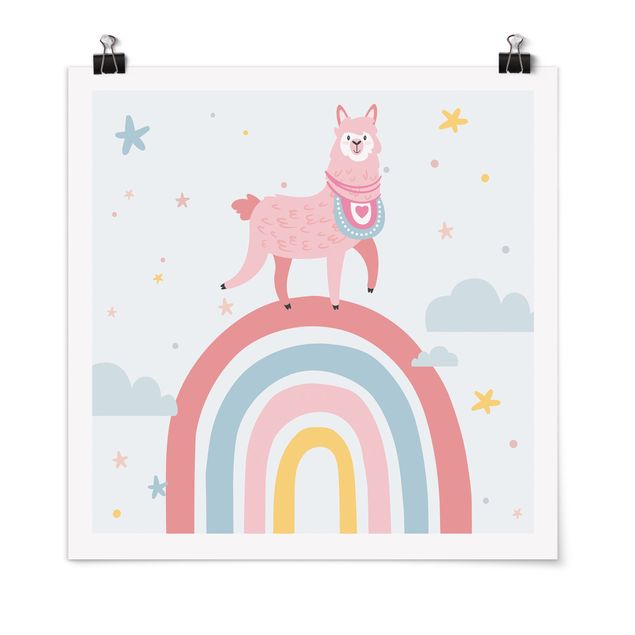 Poster Tiere Lama auf Regenbogen mit Sternen und Pünktchen