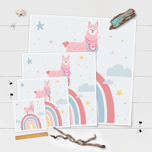 Poster - Lama auf Regenbogen mit Sternen und Pünktchen - Quadrat 1:1