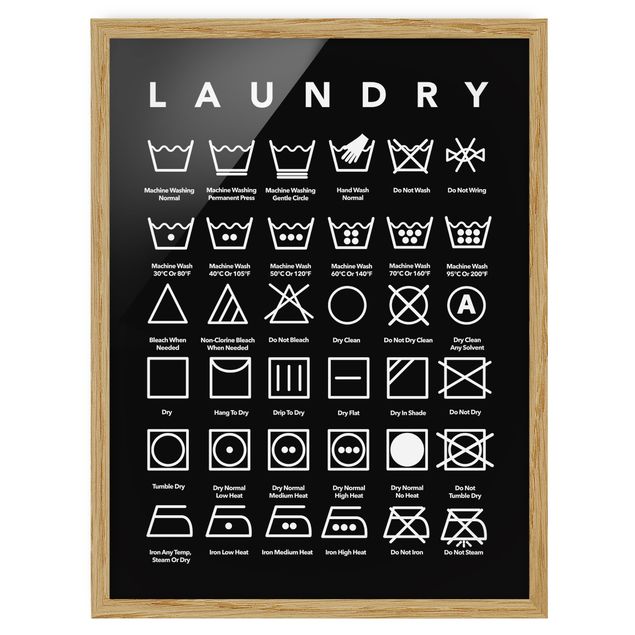 Bild mit Rahmen - Laundry Symbole Schwarz-Weiß - Hochformat