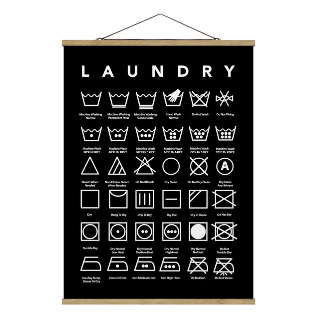 Stoffbild mit Posterleisten - Laundry Symbole Schwarz-Weiß - Hochformat 3:4