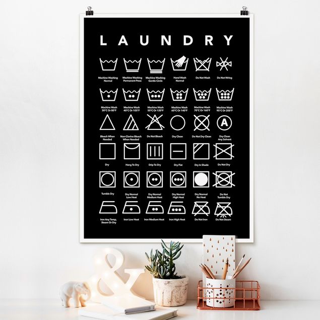 Wandposter Schwarz-Weiß Laundry Symbole Schwarz-Weiß