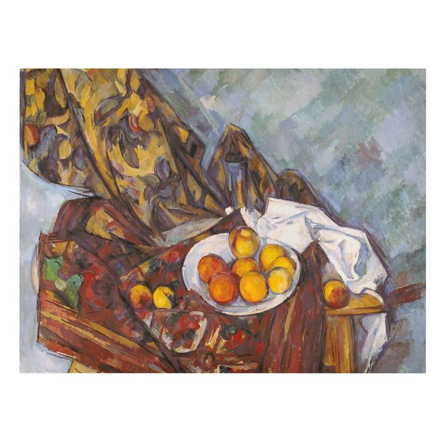 Leinwandbild - Paul Cézanne - Stillleben mit Früchten vor einem blumengemusterten Vorhang - Quer 4:3