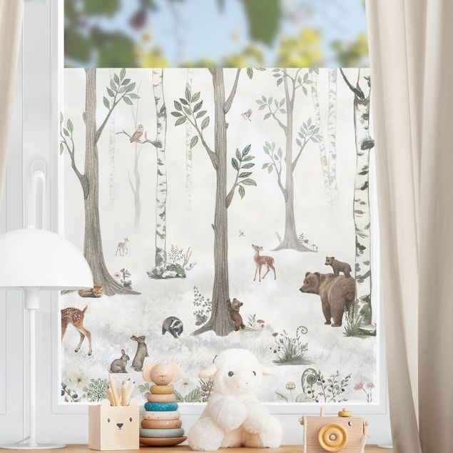 Fensterbilder Wald Leiser weißer Wald mit Tieren