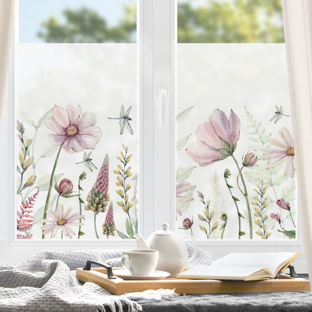 Fensterbilder selbstklebend Blumen Libellen im Blumenrausch