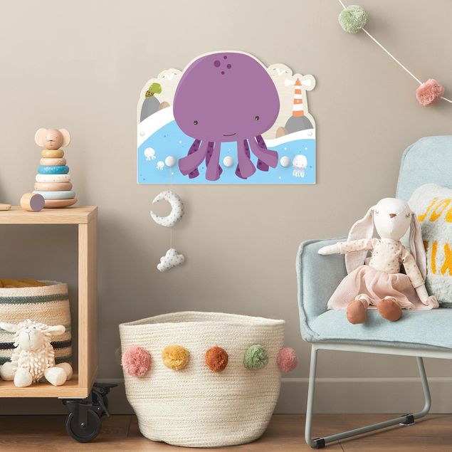 Kinderzimmer Wandgarderobe mit Tieren Lila Baby Tintenfisch