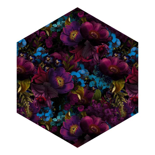 Wandtapete Design Lila Blüten mit Blauen Blumen