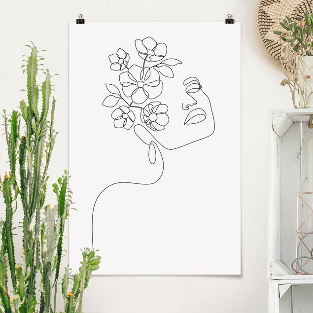 Schwarz-Weiß Poster Line Art - Dreamy Girl Blossom