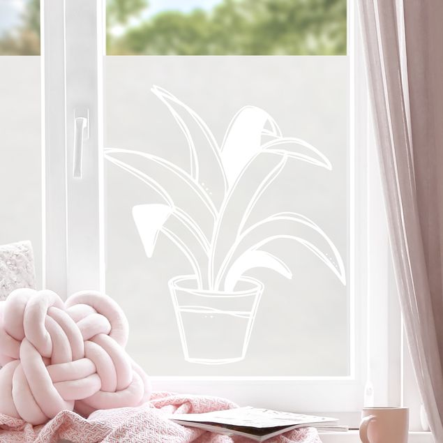 Fensterbilder selbstklebend Blumen Line Art - Große Topfpflanze