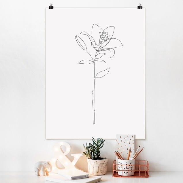 Wandposter Schwarz-Weiß Line Art Blumen - Lilie