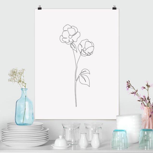 Wandposter Schwarz-Weiß Line Art Blumen - Mohnblüte