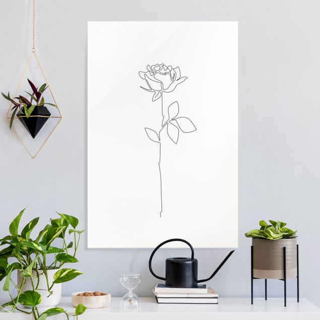 Wandbilder Glas XXL Line Art Blumen - Rose
