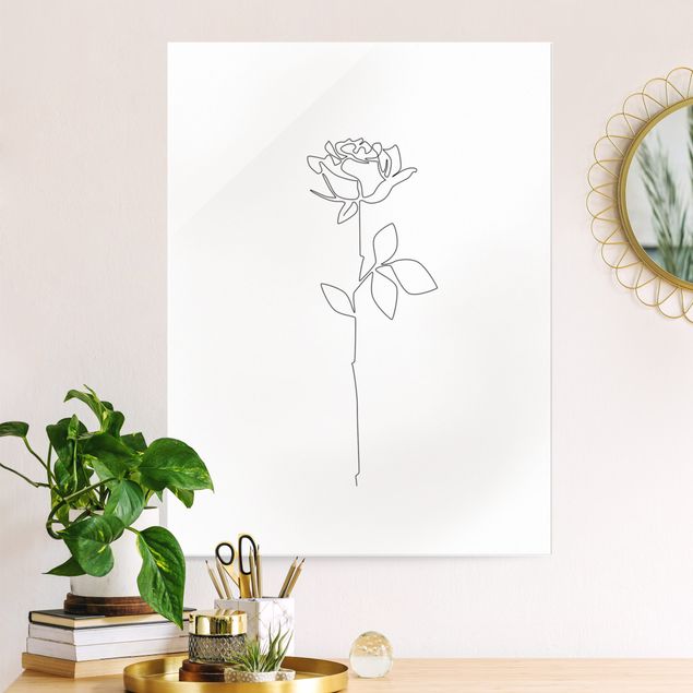 Wandbilder Glas XXL Line Art Blumen - Rose