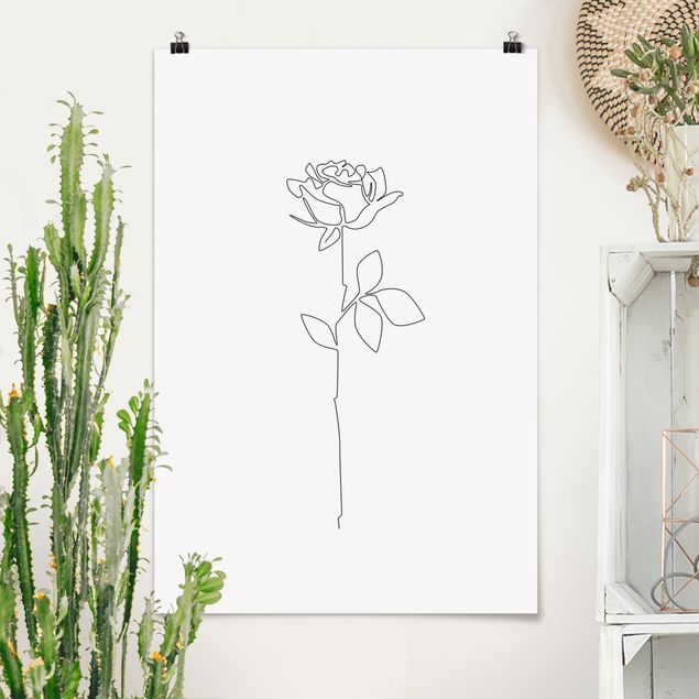 Wandposter Schwarz-Weiß Line Art Blumen - Rose