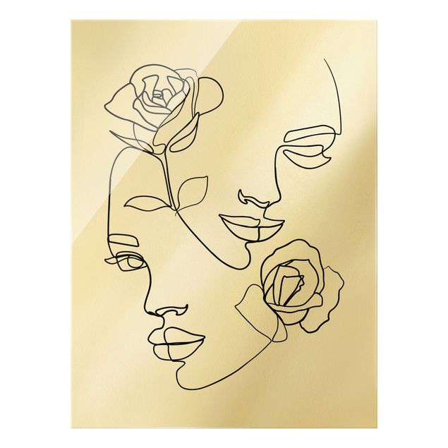 Glasbilder Pflanzen Line Art Gesichter Frauen Rosen Schwarz Weiß
