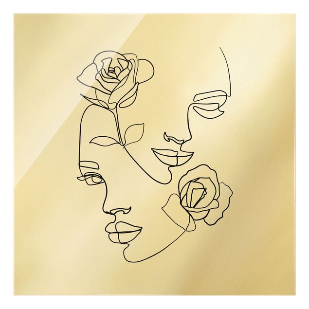 Glasbilder Blumen Line Art Gesichter Frauen Rosen Schwarz Weiß