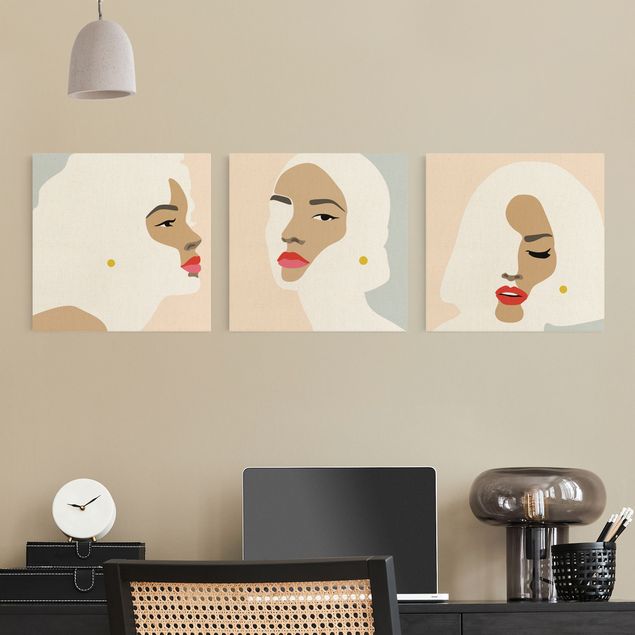 Leinwandbilder Wohnzimmer modern Line Art Portrait Frauen Pastell Set