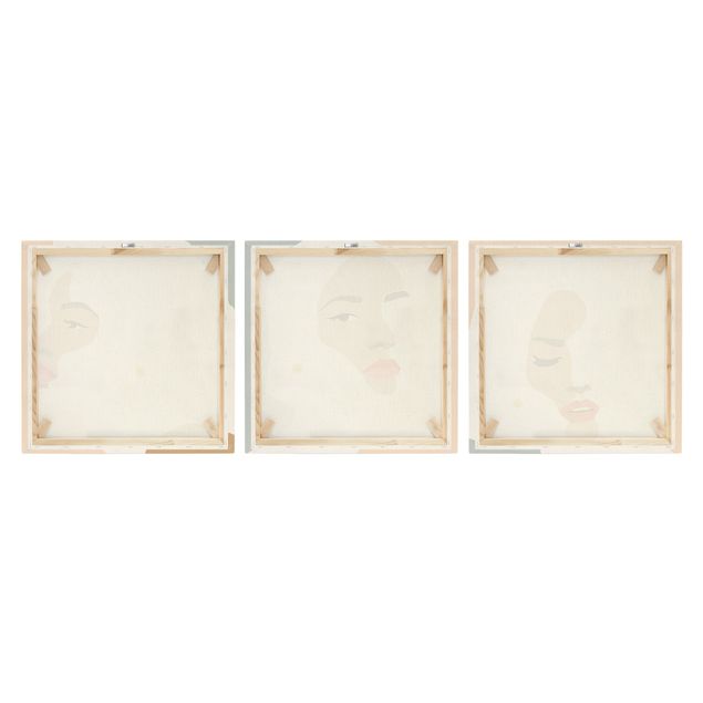 3-teiliges Leinwandbild - Line Art Portrait Frauen Pastell Set