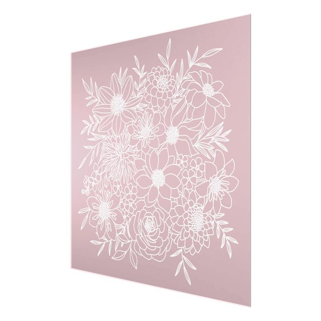 Glasbild - Lineart Blumen in Altrosa - Quadrat 1:1