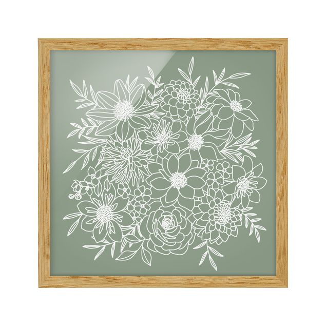 Bild mit Rahmen - Lineart Blumen in Grün - Quadrat 1:1