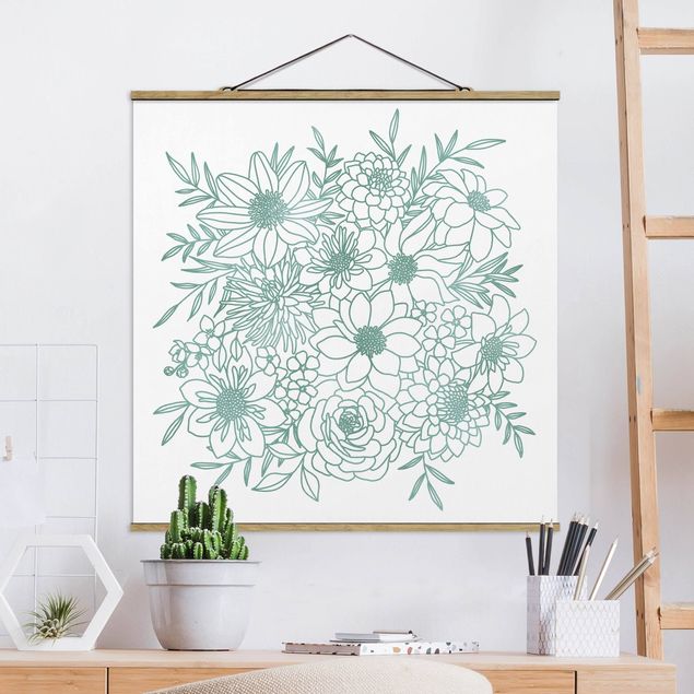 Bilder für die Wand Lineart Blumen in Metallic Grün