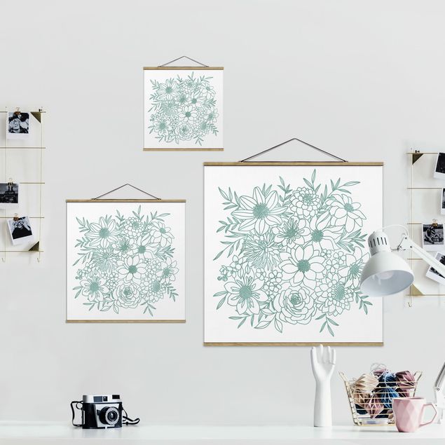 Stoffbild mit Posterleisten - Lineart Blumen in Metallic Grün - Quadrat