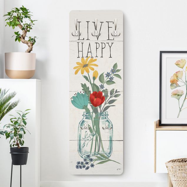 Garderobenpaneel Live Happy - Blumenvase auf Holz