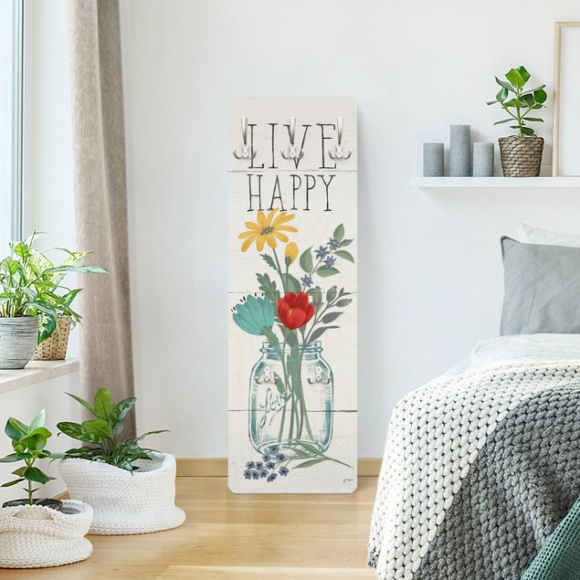 Wandgarderobe - Live Happy - Blumenvase auf Holz
