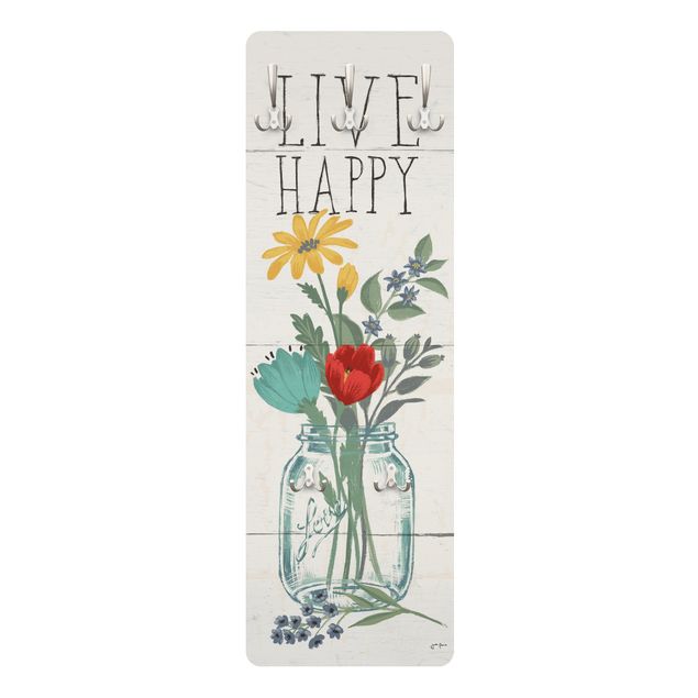 Wandgarderobe - Live Happy - Blumenvase auf Holz