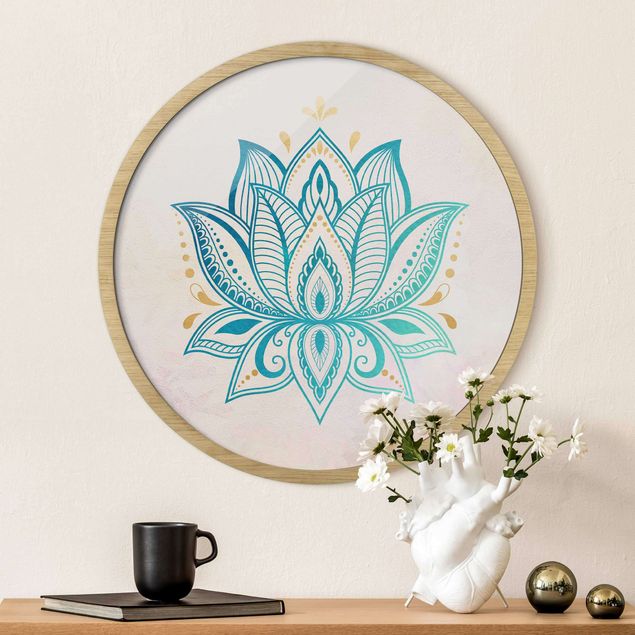 Wandbild rund Lotus Illustration Mandala gold blau