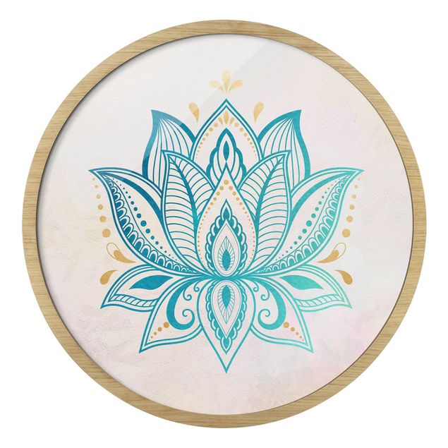 Rundes Gerahmtes Bild - Lotus Illustration Mandala gold blau