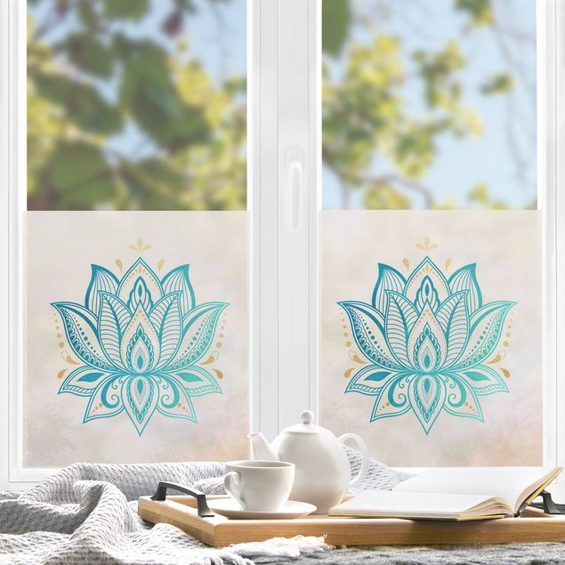 XXL Fensterbilder Lotus Illustration Mandala gold blau