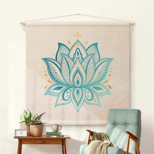 Wandbehang modern Lotus Illustration Mandala gold blau