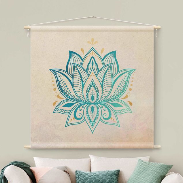 Wandteppich XXL Lotus Illustration Mandala gold blau