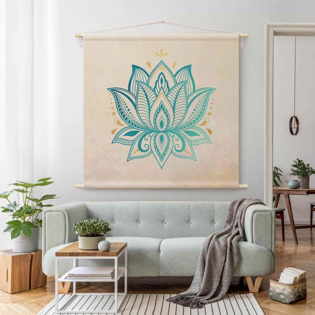 Mandala Wandteppich Lotus Illustration Mandala gold blau