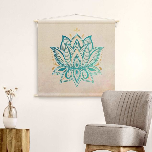 Wandbehang Stoff Lotus Illustration Mandala gold blau