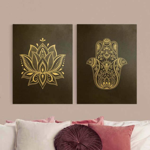 Bilder auf Leinwand Lotus Illustration und Hamsa Hand Set