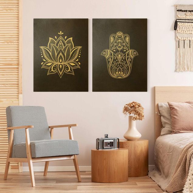 Schöne Wandbilder Lotus Illustration und Hamsa Hand Set