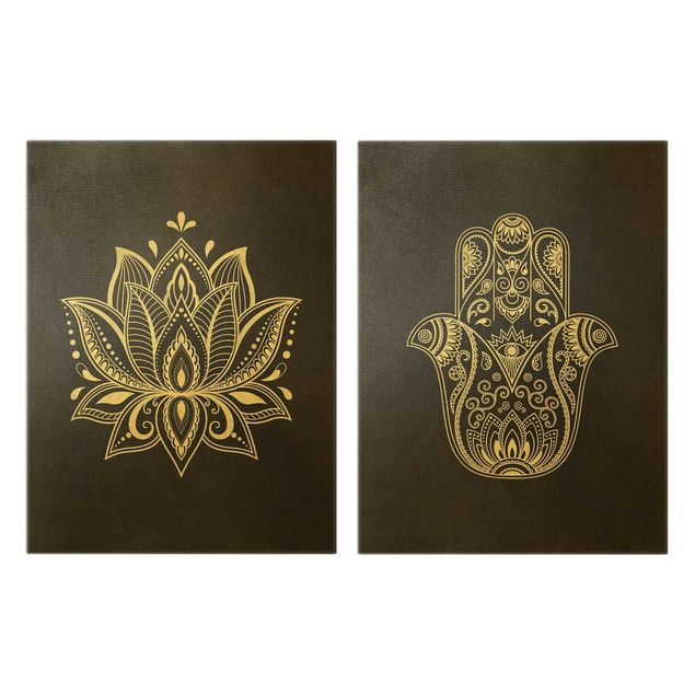 Leinwandbild 2-teilig - Lotus Illustration und Hamsa Hand Set