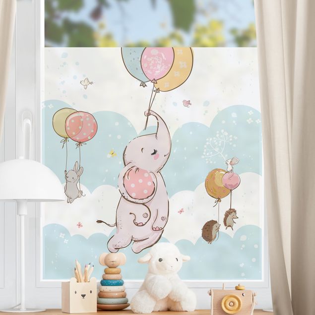 Fensterfolie Farbig Luftballon Wolken Tiere - Elefant