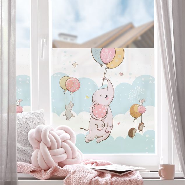 Fensterfolie Wohnzimmer Luftballon Wolken Tiere - Elefant