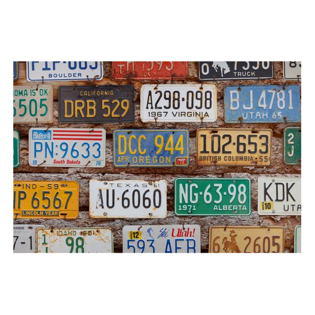 Magnettafel Holzoptik Amerikanische Nummernschilder auf Holz