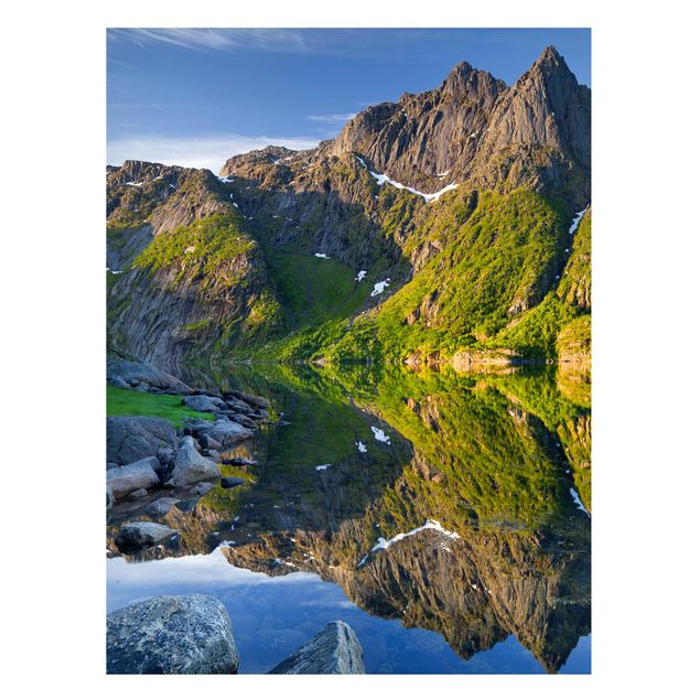 Magnettafel Skyline Berglandschaft mit Wasserspiegelung in Norwegen