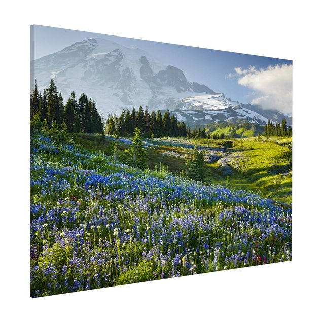 Magnettafel Büro Bergwiese mit blauen Blumen vor Mt. Rainier