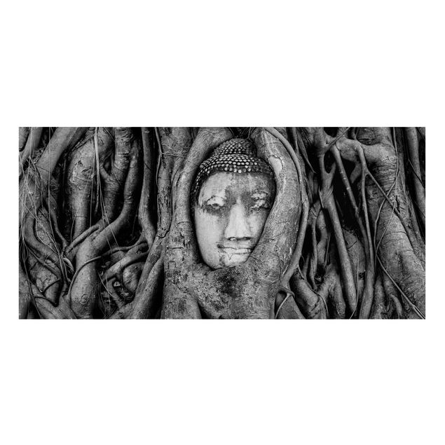 Magnettafel schwarz Buddha in Ayutthaya von Baumwurzeln gesäumt in Schwarzweiß