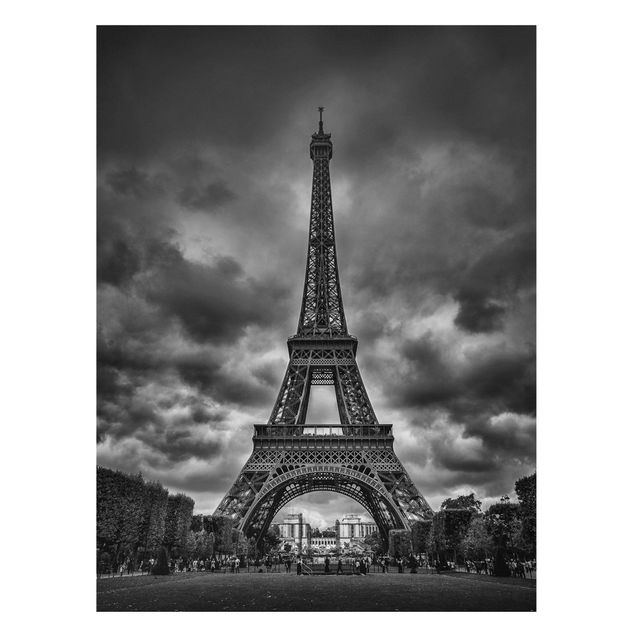 Magnettafel Skyline Eiffelturm vor Wolken schwarz-weiß