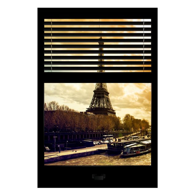 Magnettafel Skyline Fensterausblick Jalousie - Paris Eiffelturm Sonnenuntergang