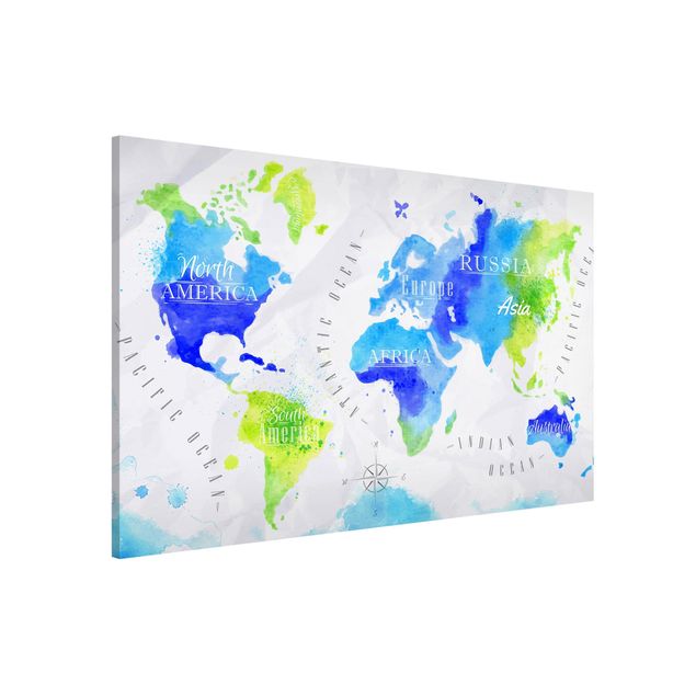 Magnettafel Büro Weltkarte Aquarell blau grün
