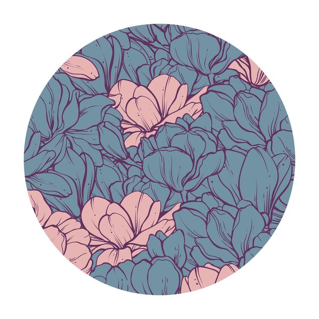 Runder Vinyl-Teppich - Magnolien Blütenmeer Altrosa und Petrol